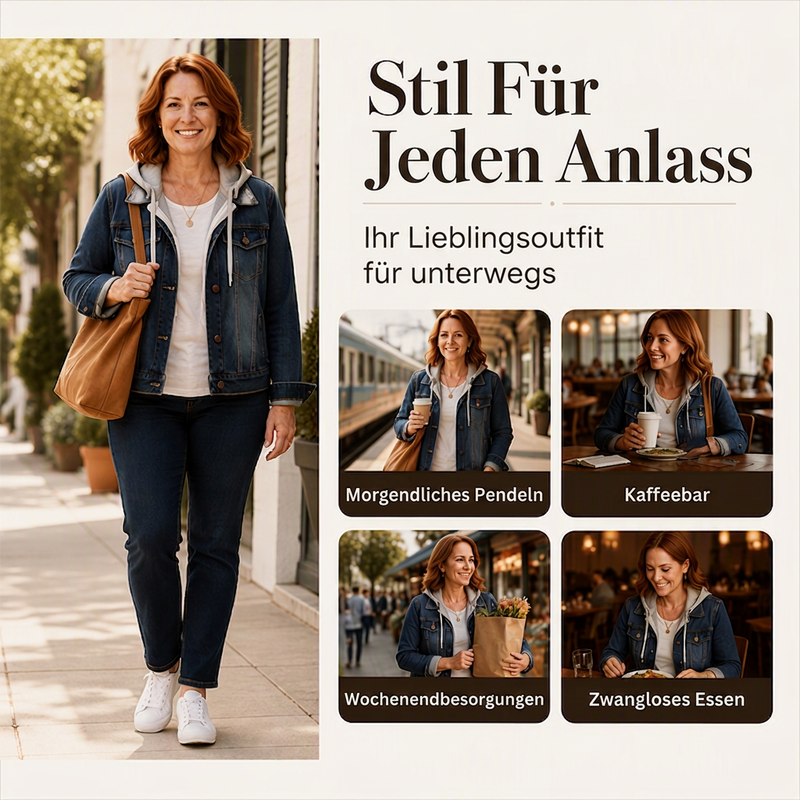 Damen Jeansjacke mit Kapuze, Lagenlook und warmem Futter