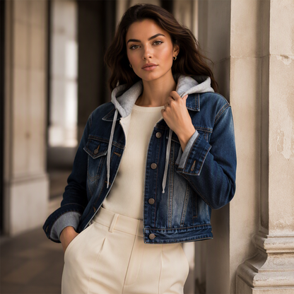 Damen Jeansjacke mit Kapuze, Lagenlook und warmem Futter