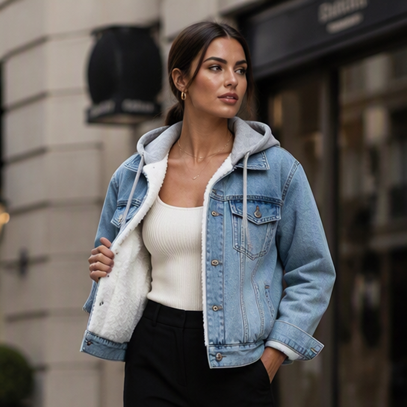 Damen Jeansjacke mit Kapuze, Lagenlook und warmem Futter