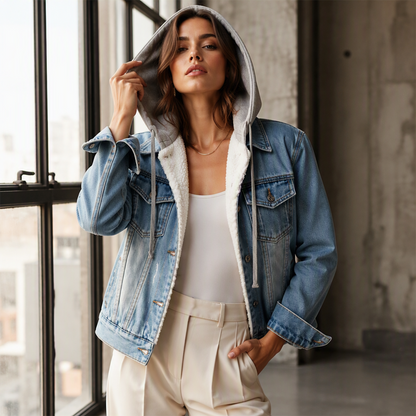Damen Jeansjacke mit Kapuze, Lagenlook und warmem Futter