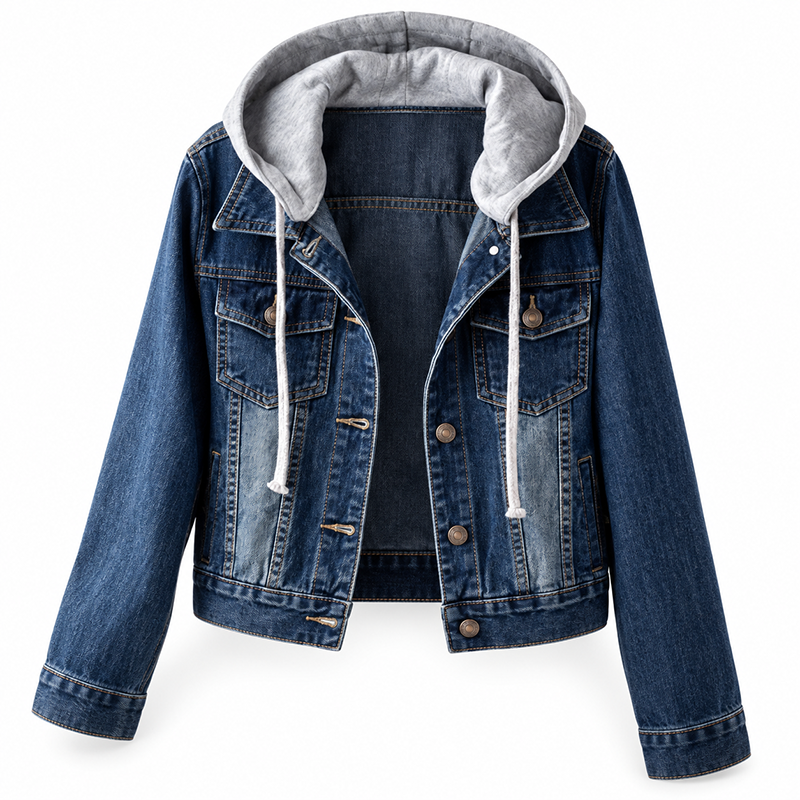 Damen Jeansjacke mit Kapuze, Lagenlook und warmem Futter