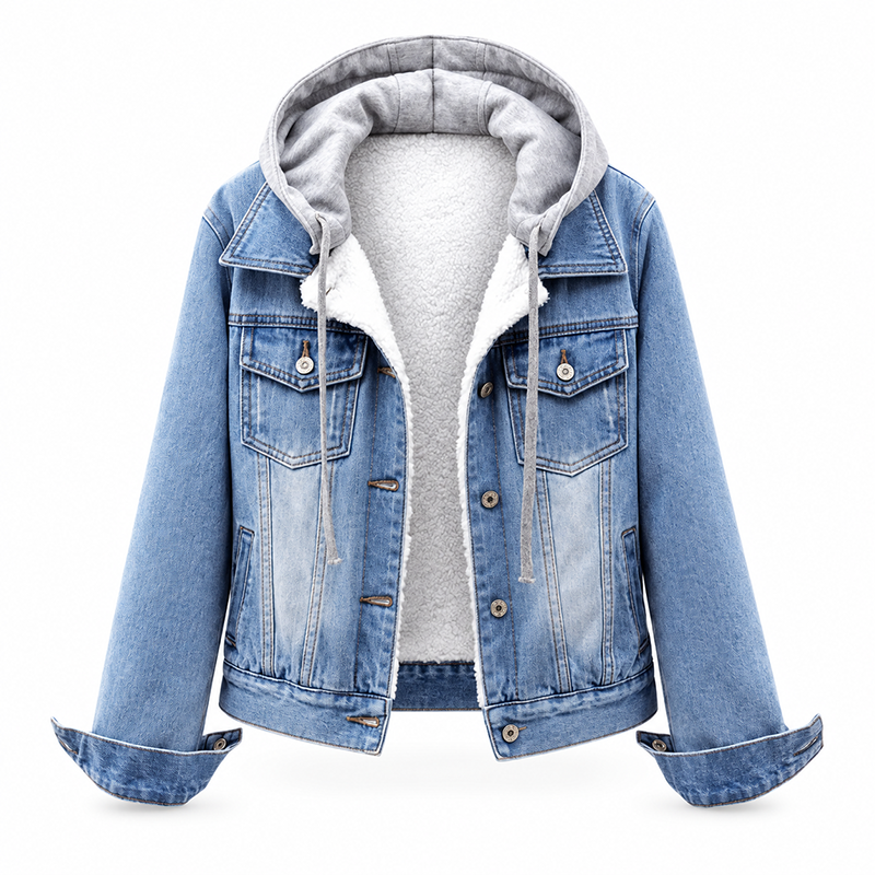 Damen Jeansjacke mit Kapuze, Lagenlook und warmem Futter