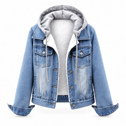 Damen Jeansjacke mit Kapuze, Lagenlook und warmem Futter