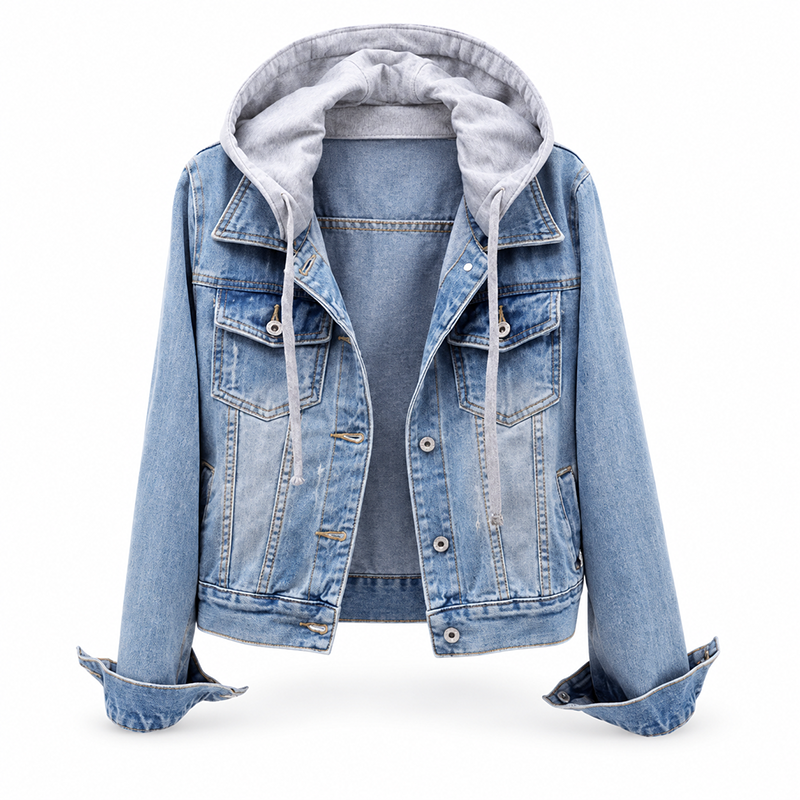 Damen Jeansjacke mit Kapuze, Lagenlook und warmem Futter