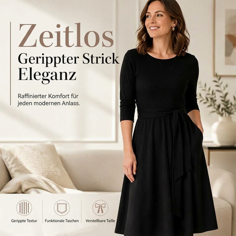📢📢50%Rabatt!!!🎉✨Geripptes A-Linie-Midikleid für Damen mit Rundhalsausschnitt, 3/4-Ärmeln und Taschen
