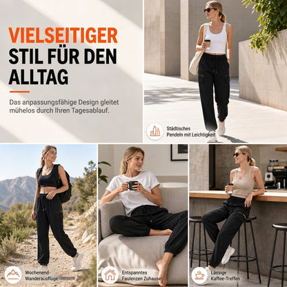 Legere Damen-Cargo-Jogginghose, lockere Passform, schnell trocknend, atmungsaktiv, lange Hose mit Taschen