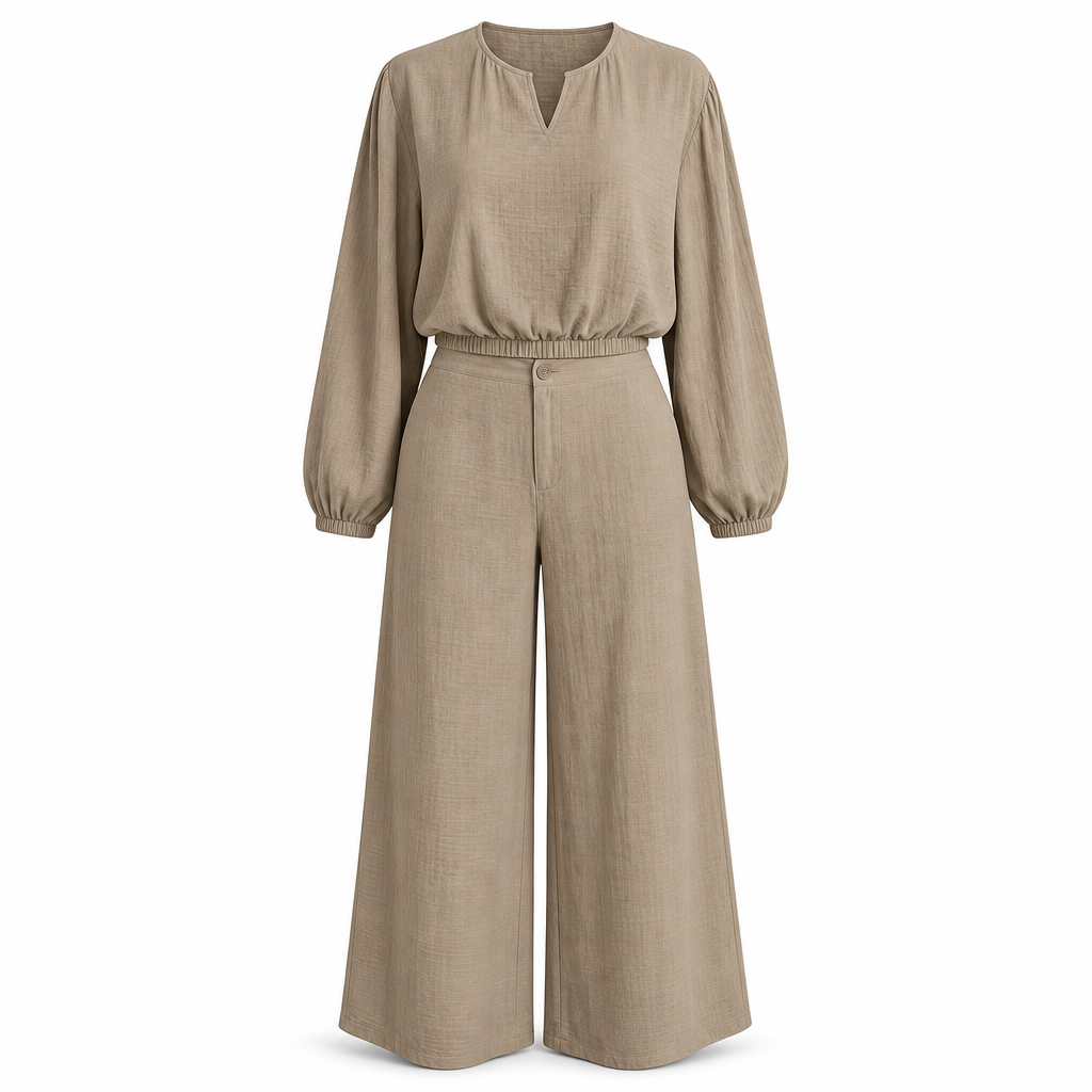 📢📢50%Rabatt!!!🎉✨Zweiteiler für Damen: Lässiges V-Ausschnitt-Crop-Top mit Laternenärmeln & Weite Hose mit hoher Taille