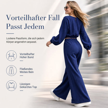 📢📢50%Rabatt!!!🎉✨Zweiteiler für Damen: Lässiges V-Ausschnitt-Crop-Top mit Laternenärmeln & Weite Hose mit hoher Taille