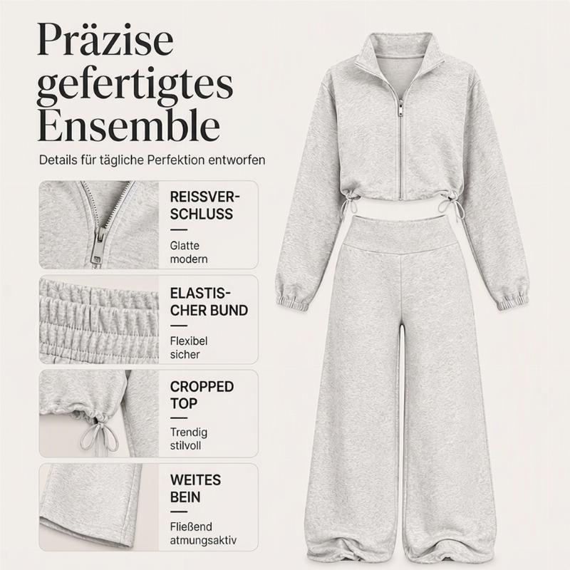 🏅 2000 Stück in 3 Tagen verkauft – schnell sein! Damen-Set aus kurz geschnittenem Sweatshirt mit Reißverschluss und Weithosen