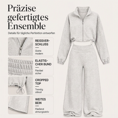 🏅 2000 Stück in 3 Tagen verkauft – schnell sein! Damen-Set aus kurz geschnittenem Sweatshirt mit Reißverschluss und Weithosen